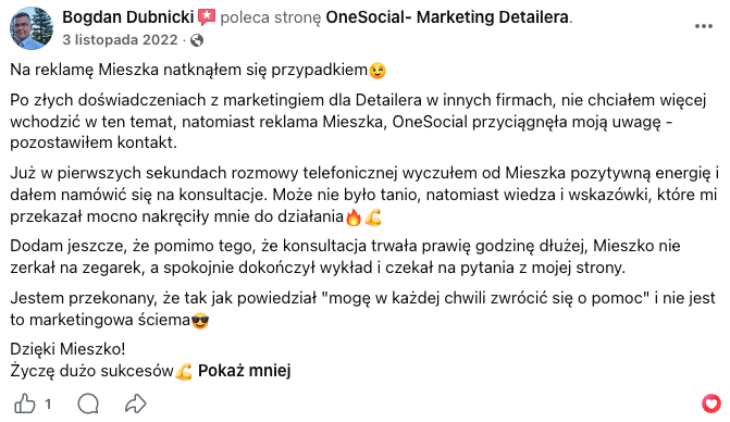 Opinia z Facebooka — Bogdan Dubnicki poleca OneSocial
