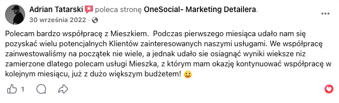 Opinia z Facebooka — Adrian Tatarski poleca OneSocial