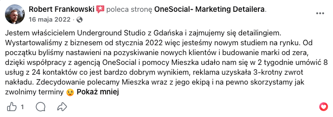 Opinia z Facebooka — Robert Frankowski poleca OneSocial
