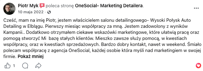 Opinia z Facebooka — Piotr Myk poleca OneSocial